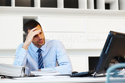 Buy stock photo Business man, headache and deadline on computer with folder, documents and paperwork in accounting. Worker, accountant or auditor with stress, worry and burnout for bookkeeping report and software