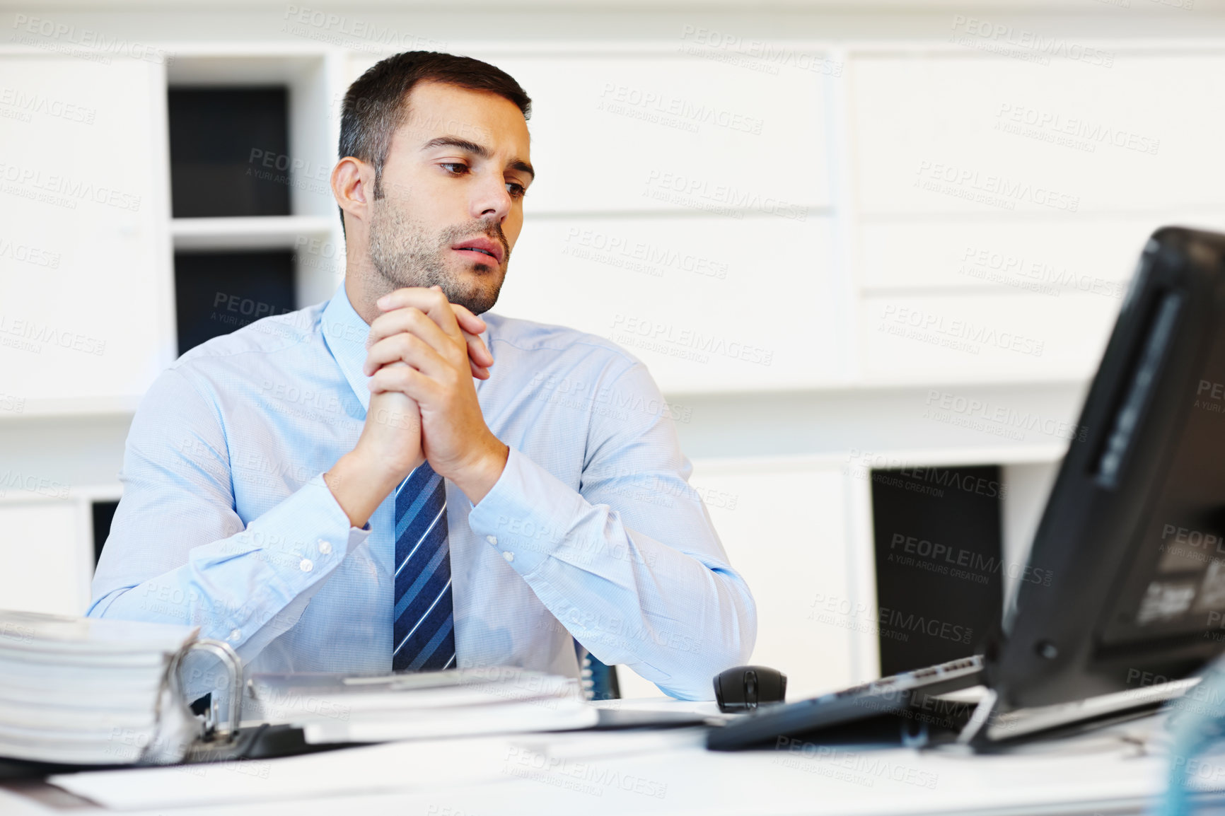 Buy stock photo Businessman, thinking and computer at desk with document  and notebook for research in office. Trader, stock market and reading online with paperwork for planning and brainstorming for proposal  