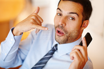 Buy stock photo Phone call, hand gesture or businessman in portrait talking for project, conversation or deal communication. Consultant, funny face or financial advisor networking for investment, negotiation or news