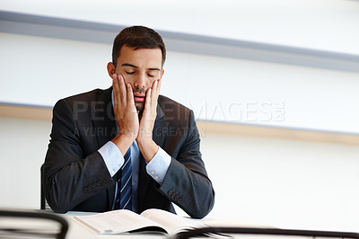 Buy stock photo Businessman, thinking and documents at desk with financial report and stress for research in office. Accountant, stock market and paperwork for planning and proposal with anxiety for tax or economy 