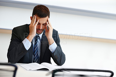 Buy stock photo Business man, headache and stress with documents and legal book for deadline on case report in office.Corporate worker, lawyer or attorney reading article with worry, pain or migraine and brain fog