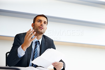 Buy stock photo Stress, frustration and businessman with documents in office for bankrupt corporate company. Anxiety, upset and professional male financial advisor with pressure for finance paperwork in workplace.