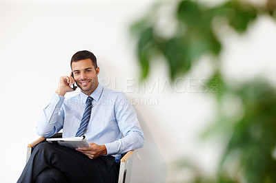 Buy stock photo Phone call, magazine or businessman in portrait talking for project, conversation or deal communication. Consultant, reading book or financial advisor networking for investment, negotiation or news