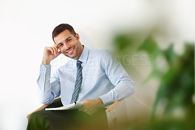 Buy stock photo Businessman, relax and portrait in office, read and newspaper for news in workplace. Smile, paper and notebook for corporate person, waiting room and interview or meeting for job opportunity career