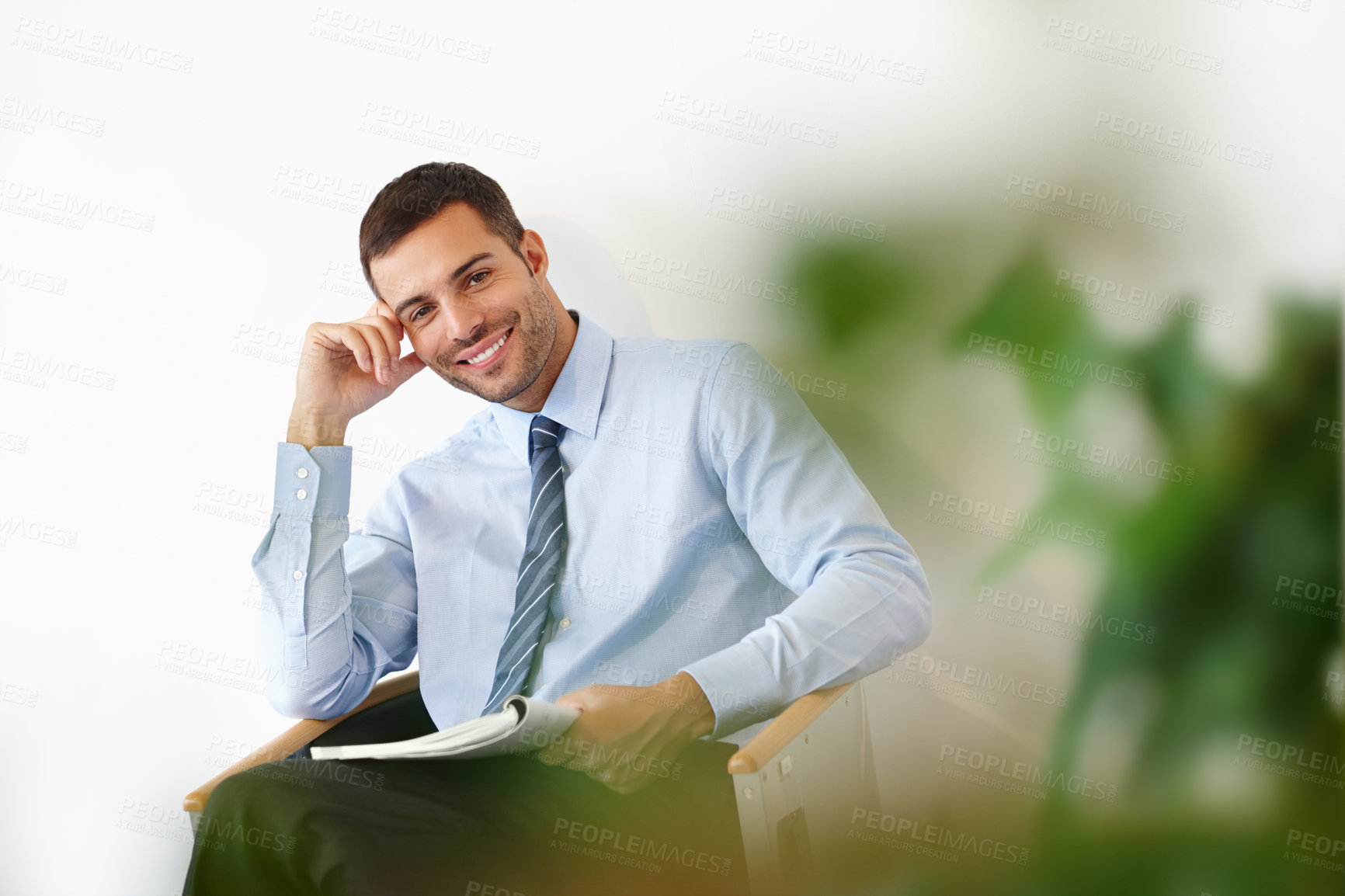 Buy stock photo Businessman, relax and portrait in office, read and newspaper for news in workplace. Smile, paper and notebook for corporate person, waiting room and interview or meeting for job opportunity career