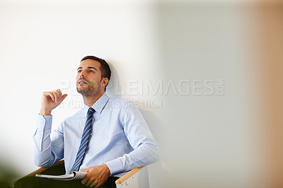 Buy stock photo Businessman, thinking and magazine in waiting room for job, interview and appointment in office. Accountant, recruitment and idea for proposal in financial career with pride and mockup space 