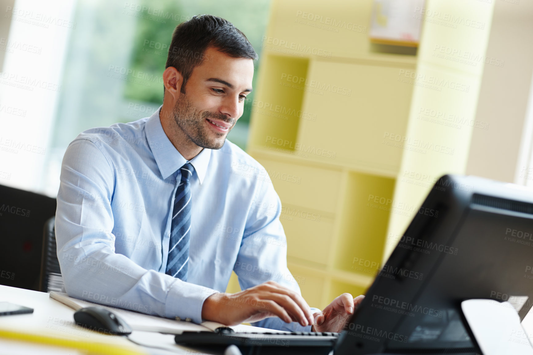 Buy stock photo Happy, businessman and computer for positive feedback, good news or announcement in office. Excited, male person or employee with tech and paperwork waiting for communication and performance review