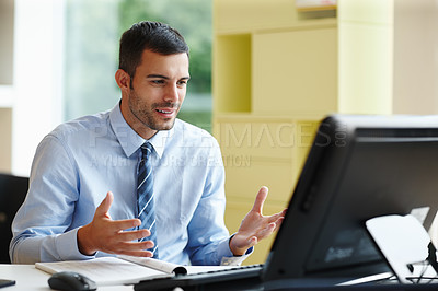 Buy stock photo Business man, computer and confused for online error, mistake or results with stress of accounting deadline. Worker, accountant or auditor with why or what reaction for bookkeeping software glitch