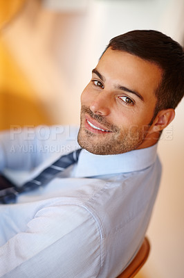 Buy stock photo Lawyer, man and smile or proud in office for career or job growth and opportunity with startup business. Male employee, happy and satisfied with law firm progress as attorney or legal advisor