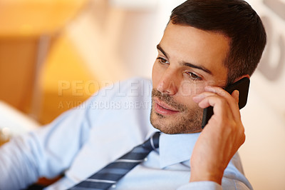 Buy stock photo Phone call, listen or businessman speaking of office project, conversation or deal communication. Consultant, thinking and financial advisor networking for investment, negotiation or talking for news