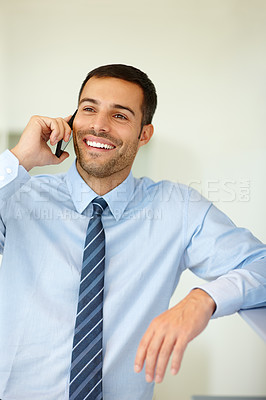 Buy stock photo Phone call, thinking or happy businessman listening to office project, conversation or deal communication. Consultant, smile or financial advisor networking for investment, b2b negotiation or talking