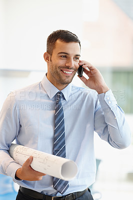 Buy stock photo Businessman, phone call and architect networking with blueprint for engineering, approval or deal. Male person, cellphone and floor plan or project management for building, renovation or contract