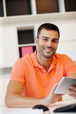 Buy stock photo Happy man, portrait or tablet in office on finance app for planning, networking for company or startup business. Smile, entrepreneur or freelance trader on touchscreen, stock market and social media