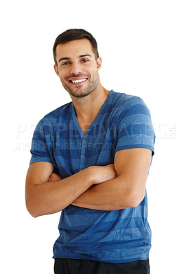 Buy stock photo Happy, fashion and portrait of man on a white background with trendy clothes, casual outfit and style. Handsome, attractive and isolated person smile with crossed arms, confidence and pride in studio