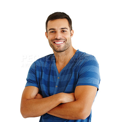 Buy stock photo A stylish man with his arms folded smiling and looking confident. A trendy young man wearing a blue shirt, standing in a studio against a white background. A big smile on his face feeling great