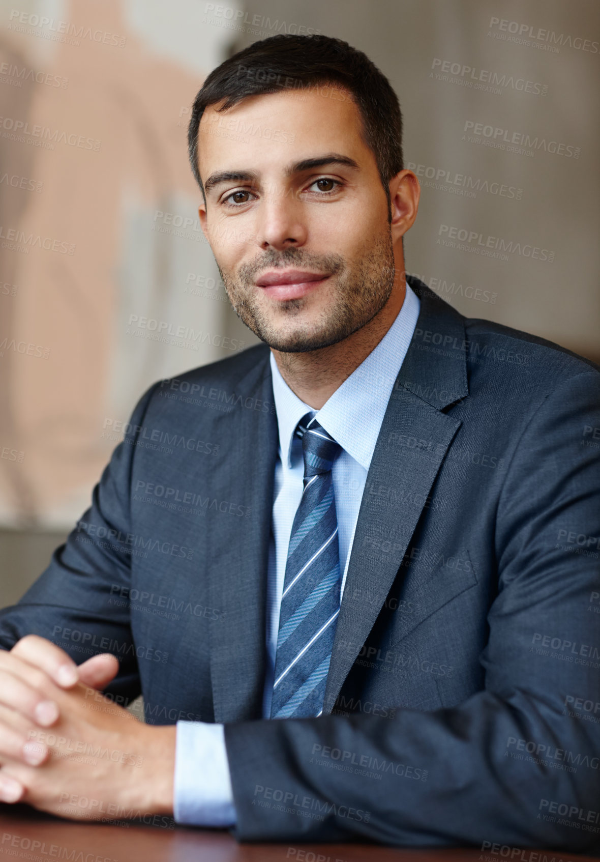 Buy stock photo Businessman, portrait and confident in office with smile for career, work and company or corporate job. Lawyer, attorney and professional in law firm for contract, clients or legal advisor with relax