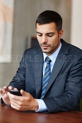 Buy stock photo Business man, phone and reading in office for legal news, communication and client virtual advice at law firm. Corporate worker, lawyer or advisor typing on mobile app for chat, contact or career FAQ