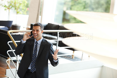 Buy stock photo Phone call, building or happy man in business talking for office project, conversation or deal communication. Consultant, smile or financial advisor networking in investment, negotiation or news chat