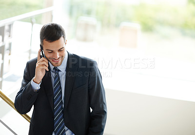 Buy stock photo Phone call, man or lawyer talking outside or outdoors for consulting, legal advice and networking. Mobile communication, happy attorney and advisor in city speaking in conversation and discussion