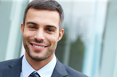 Buy stock photo Face, man and smile on portrait as lawyer for career or job growth and opportunity with startup business. Male employee, happy and satisfied for law firm progress as attorney or legal advisor