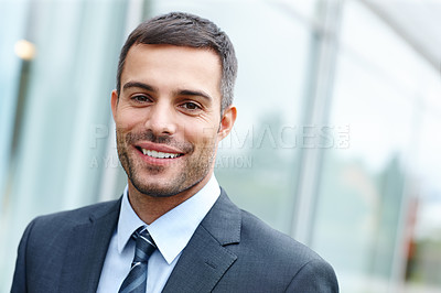 Buy stock photo Outdoor, man and happy on portrait as lawyer for career or job growth and opportunity with startup business. Male employee, smile and satisfied for law firm progress as attorney or legal advisor