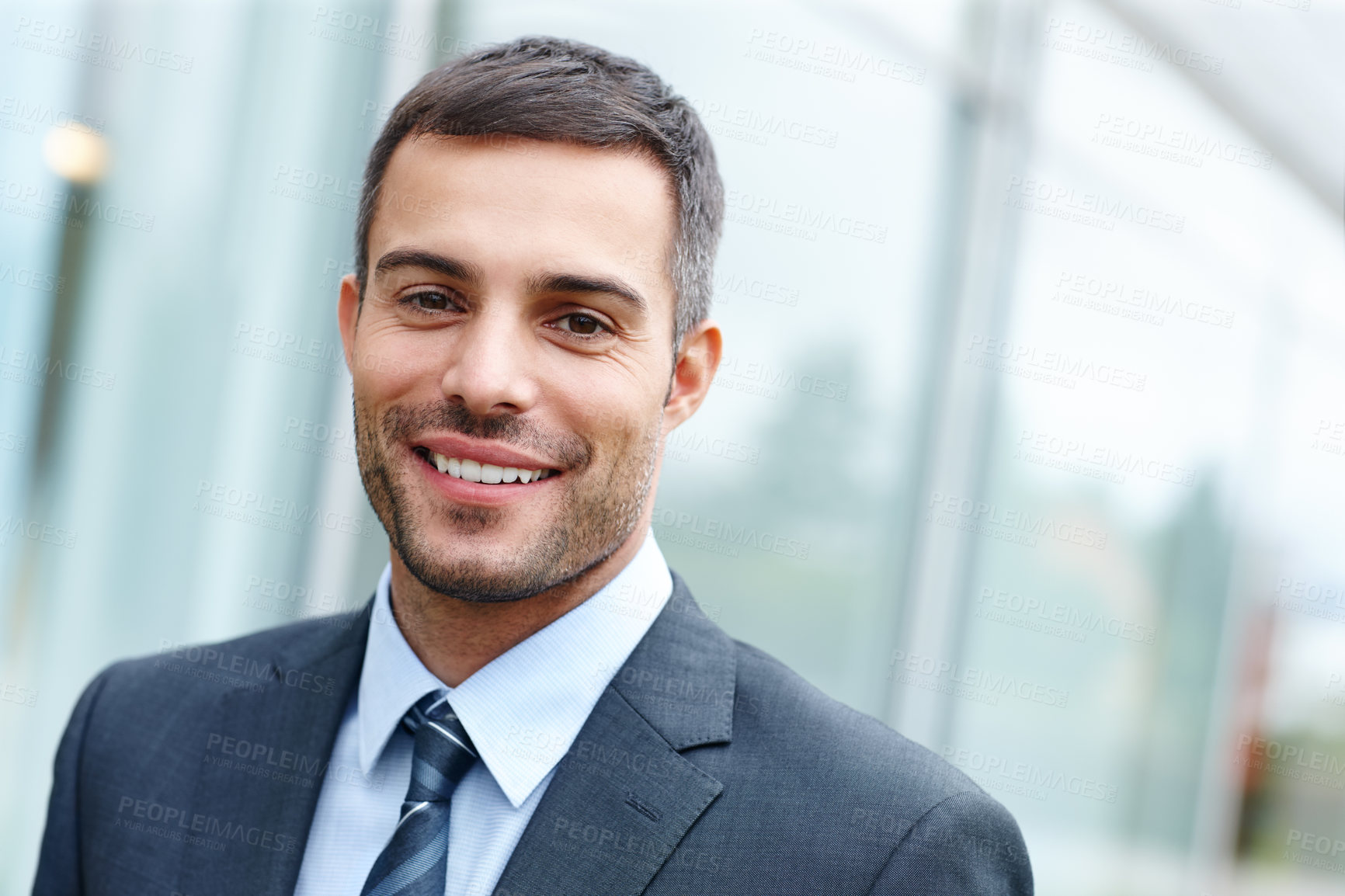 Buy stock photo Outdoor, man and happy on portrait as lawyer for career or job growth and opportunity with startup business. Male employee, smile and satisfied for law firm progress as attorney or legal advisor