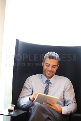 Buy stock photo Business, man and  happy in armchair with tablet, relax and office for stock market research for networking. Communication, information and smile for good news, online shares and virtual investor