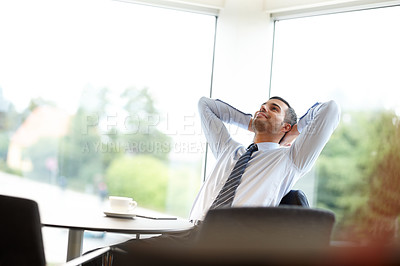 Buy stock photo Businessman, success and finished on break in office, workplace or company in digital agency as professional. Male person, employee and relax at desk in corporate, job and career as project manager
