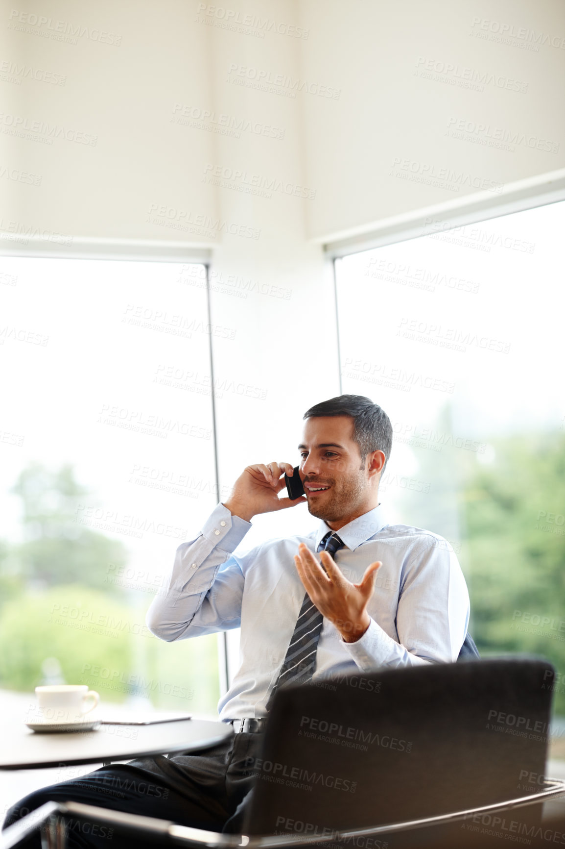 Buy stock photo Phone call, consulting or happy businessman in office talking for project, conversation or deal communication. Chat, smile or financial advisor networking for investment, negotiation or discussion