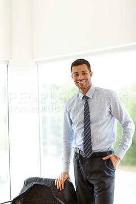 Buy stock photo Portrait, smile and business man in office for career, job and working at corporate company in Italy. Happy professional, entrepreneur and confident salesman at workplace, employee or expert worker