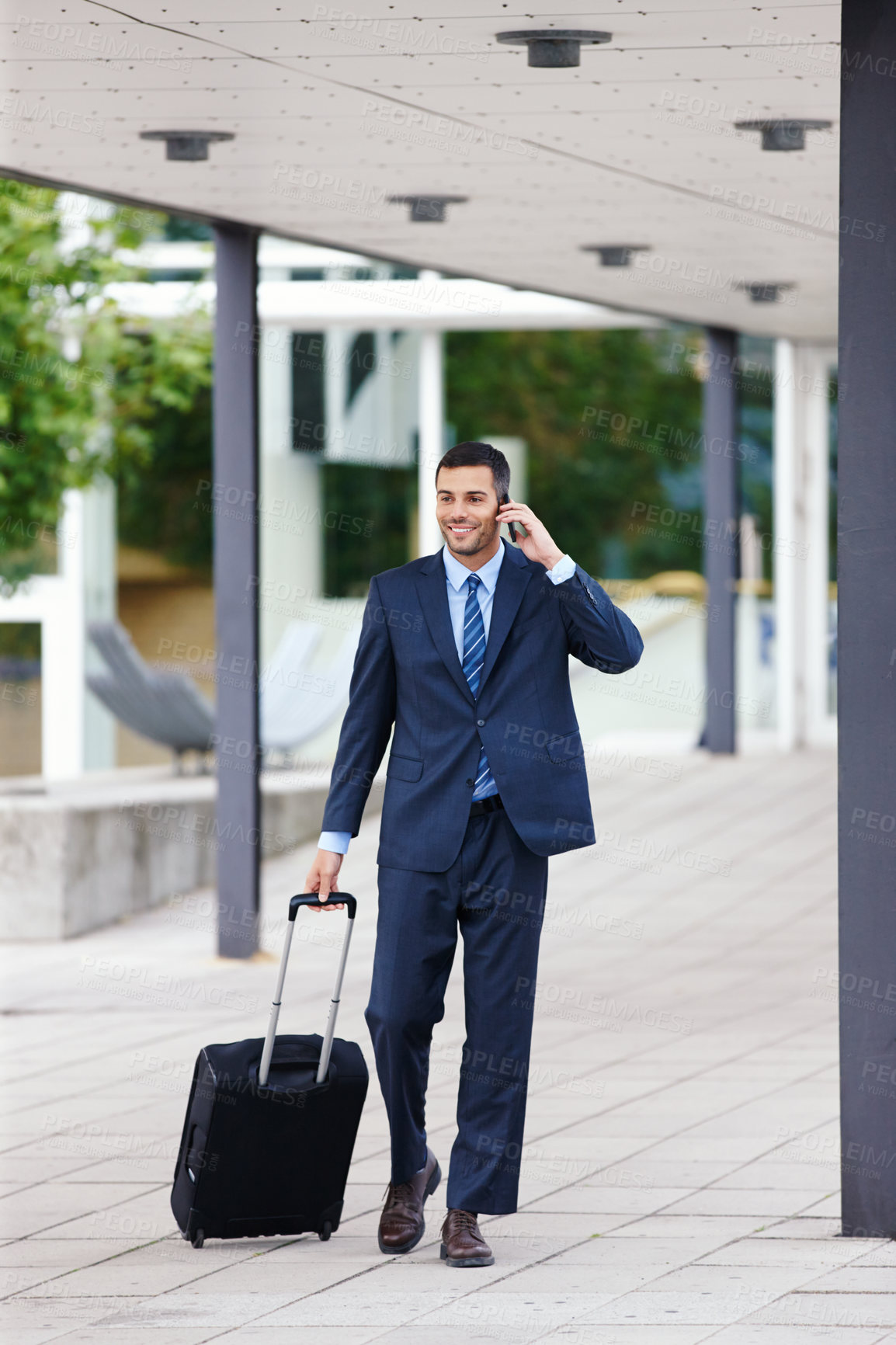 Buy stock photo Phone call, walking or businessman with luggage or suitcase in conversation, chat or deal communication. Outdoor, travel and happy financial advisor networking for investment, negotiation or news