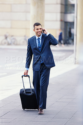 Buy stock photo Phone call, walking or confident businessman with luggage in conversation or communication in commute. Outdoor travel, banker and financial advisor networking for investment, negotiation and news