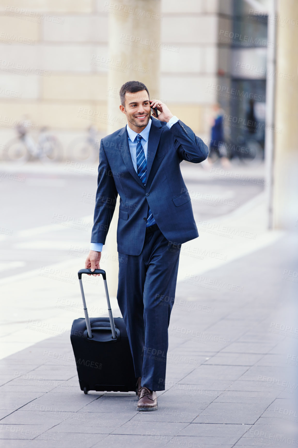 Buy stock photo Phone call, walking or confident businessman with luggage in conversation or communication in commute. Outdoor travel, banker and financial advisor networking for investment, negotiation and news