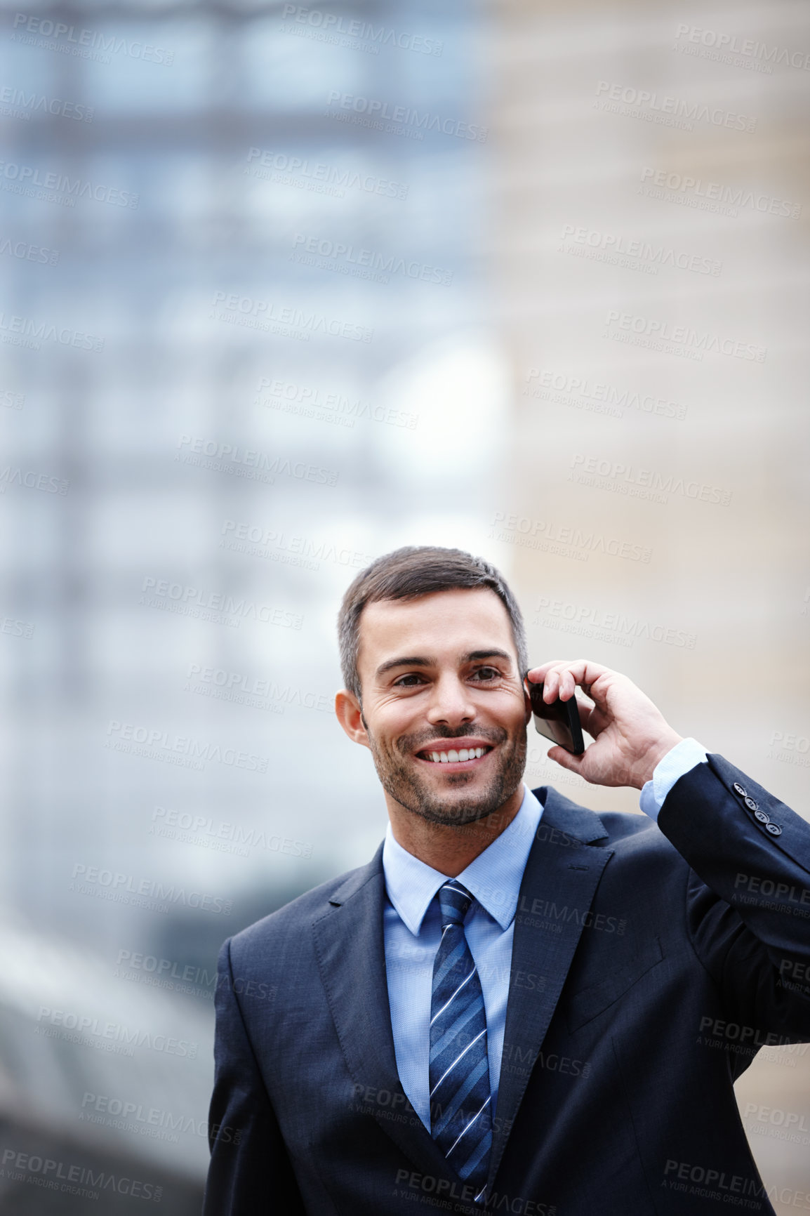 Buy stock photo Phone call, outdoor or businessman with smile for conversation, chat and deal communication. Commute travel, confident banker or happy financial advisor networking for investment, negotiation or news