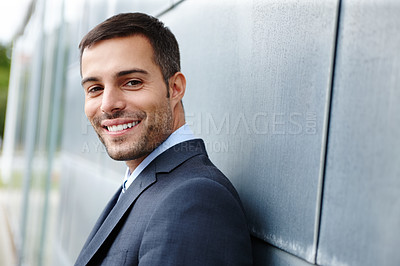 Buy stock photo Businessman, portrait and smile outdoor in city with confidence and pride for corporate career. Banker, office and happy in urban town for travel, commute and journey to workplace or professional job