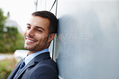 Buy stock photo Thinking, smile and business man against brick wall for idea, future goals or company growth in outdoor. Professional, lawyer and employee with confidence for inspiration, thoughtful or decision