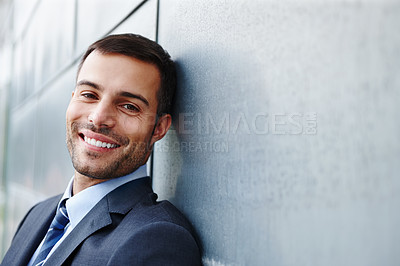 Buy stock photo Building, outside or businessman with smile in portrait for corporate business or startup with confidence. Happy, break or lawyer at mockup with company advisor on street for financial law in Germany