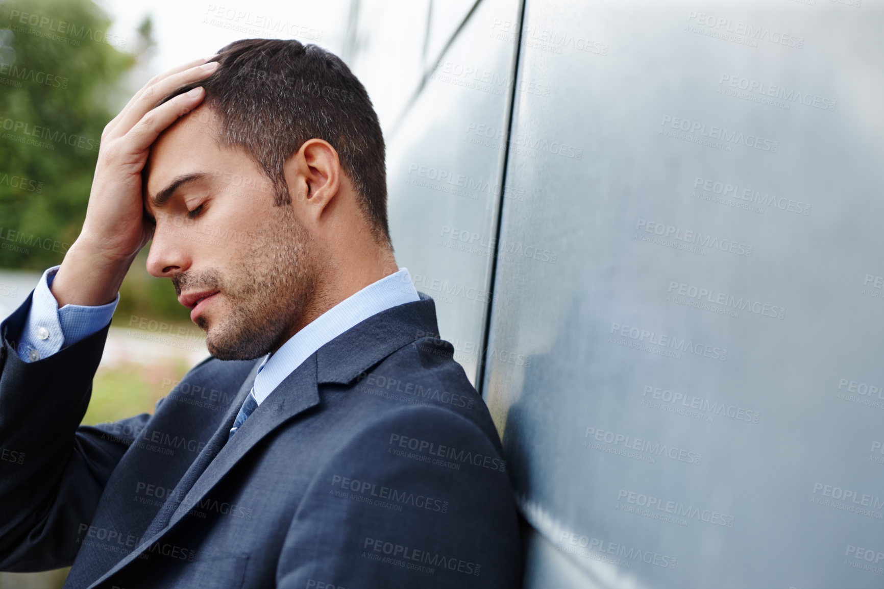 Buy stock photo Stress, frustrated and business man fired from job for mistake, financial crisis or startup failure. Unemployed, economy and employee with eyes closed for depressed, anxiety or bankrupt in outdoor