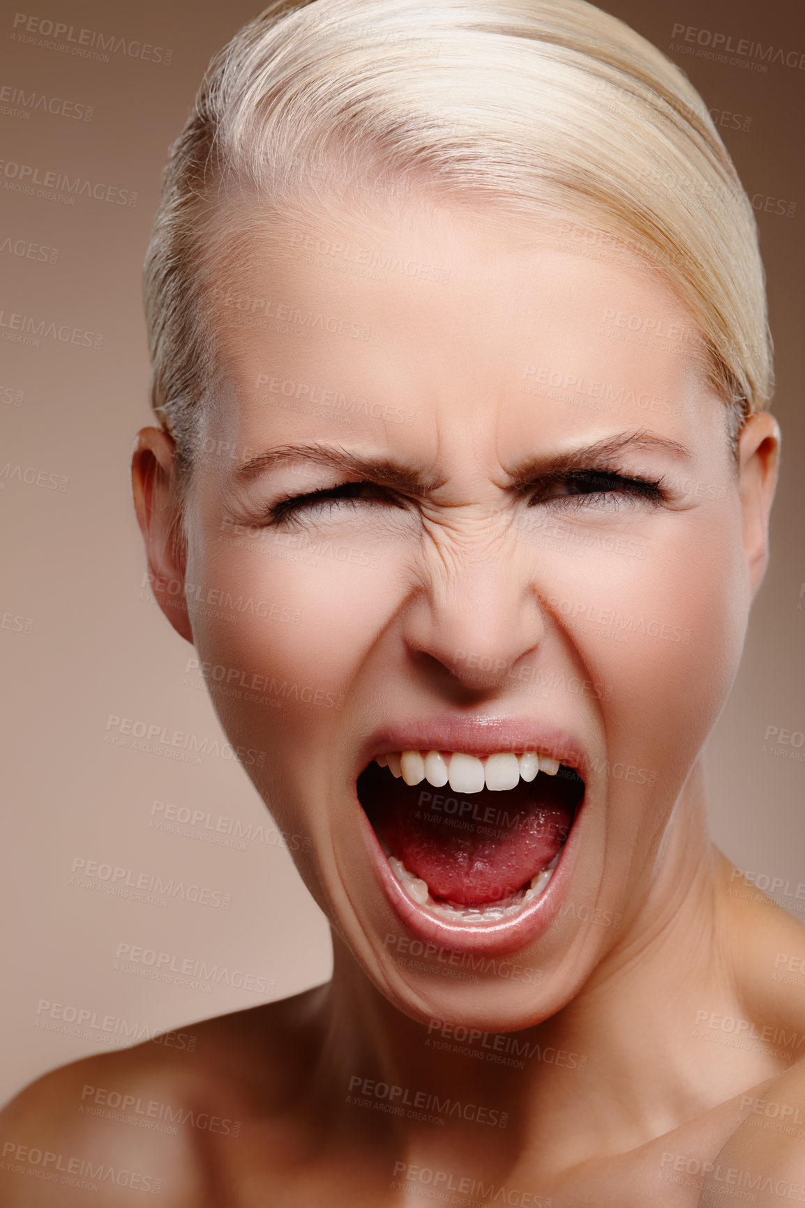 Buy stock photo Portrait, screaming and woman by studio backdrop with skincare, angry and rage or frustrated for cosmetics. Model girl, shouting and furious for makeup, beauty and stress for dermatology or wellness 