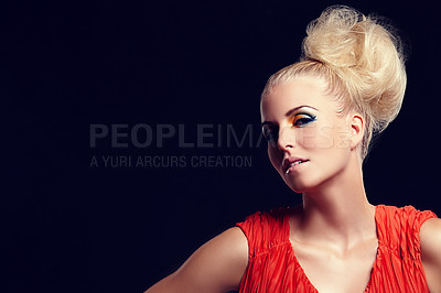 Buy stock photo Portrait of a confident blonde model with black copyspace