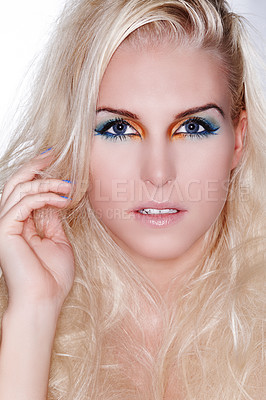 Buy stock photo Portrait, woman and rainbow eyeshadow with beauty and unique cosmetics for photoshoot in studio. Model, female person and creative color for festival makeup and glitter sparkle by white background