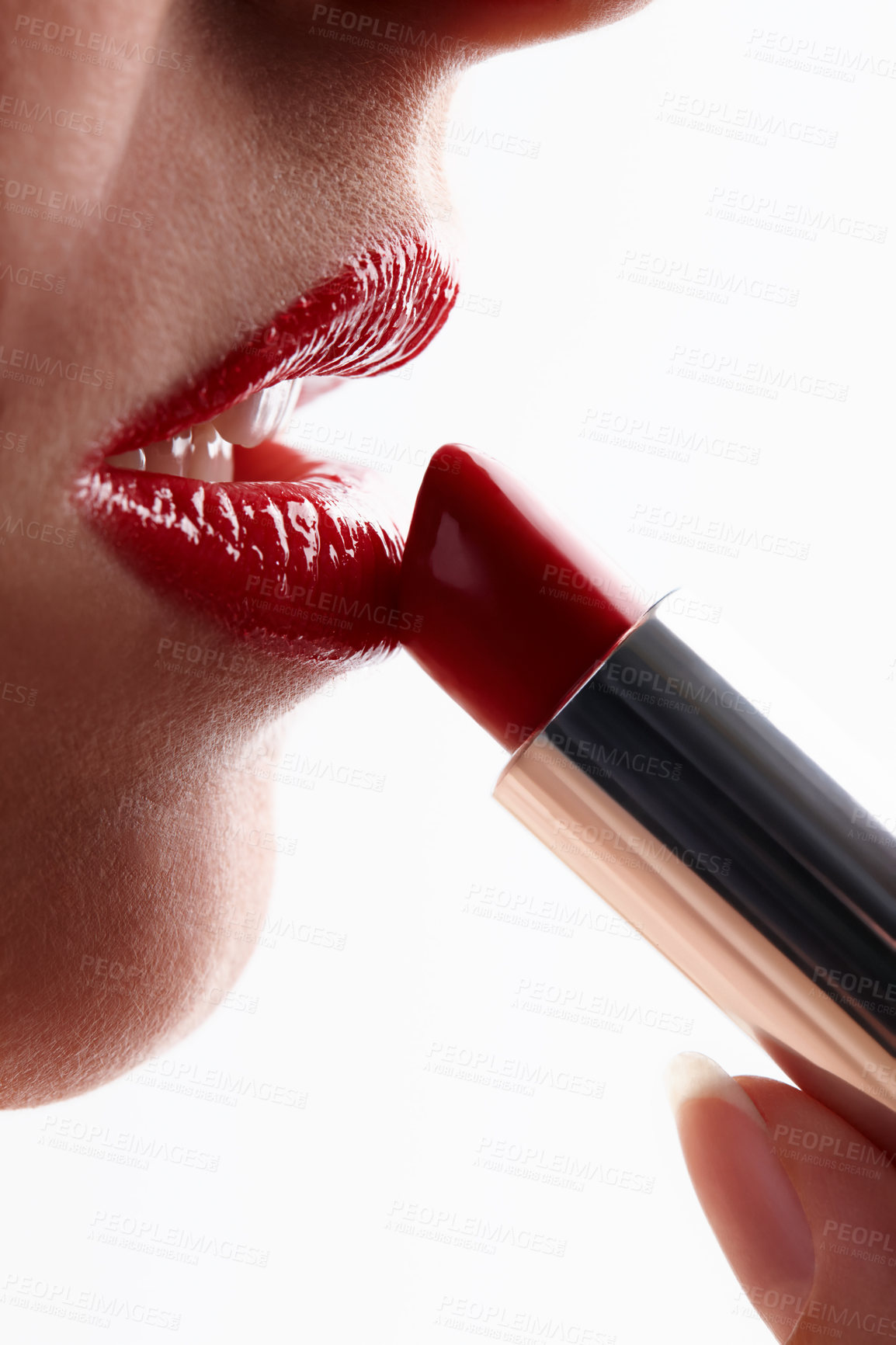 Buy stock photo Woman, cosmetics and mouth for lipstick in studio, makeup and bold for care on white background. Female person, red and skincare or silver tube, grooming and application of gloss or skin treatment