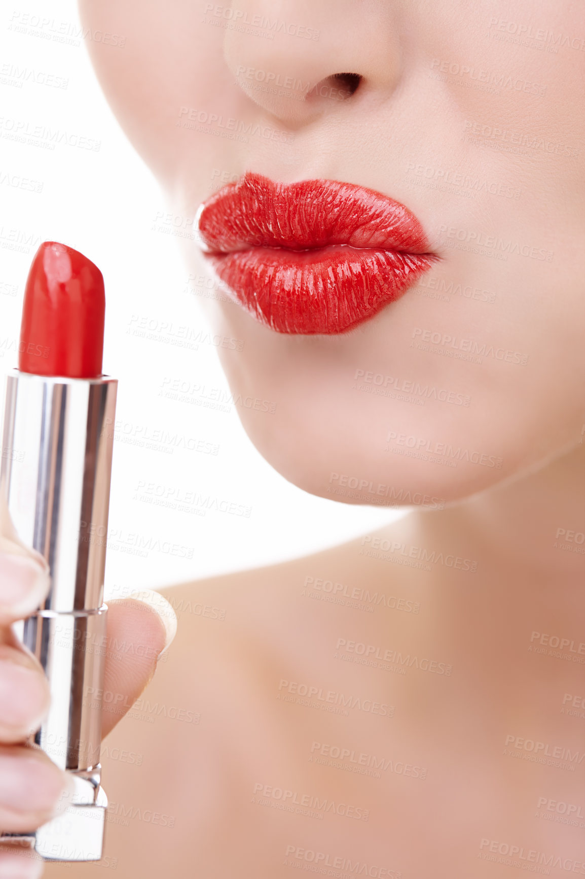 Buy stock photo Woman, pout and mouth for red lipstick in studio, makeup and cosmetics for care on white background. Female person, skincare and silver tube, beauty and application of gloss or skin treatment