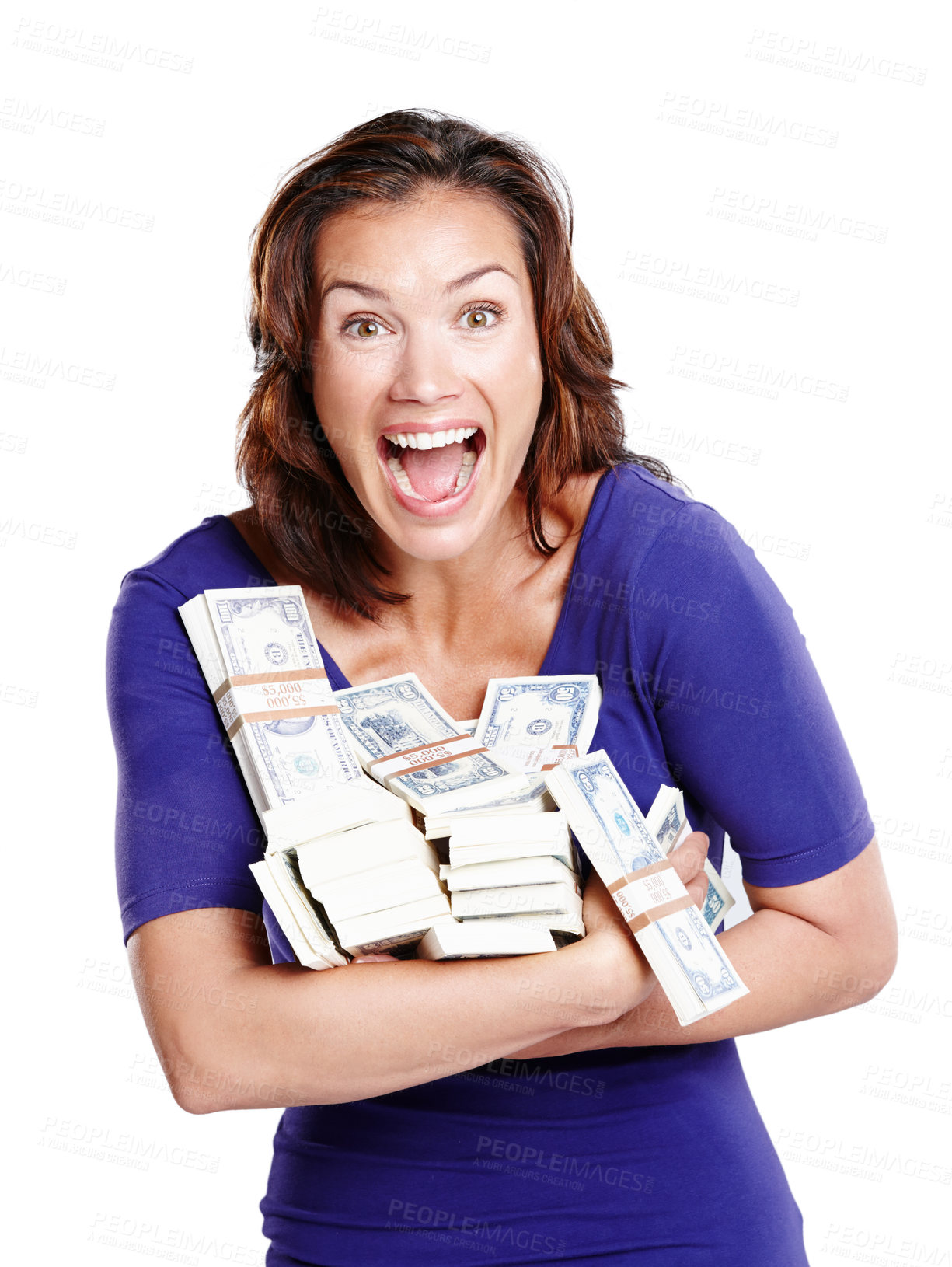 Buy stock photo Cash, excited and portrait of woman with success, achievement and money in studio. Finance, lottery and happiness by white background for female person, wow emoji and bonus or winning with dollars