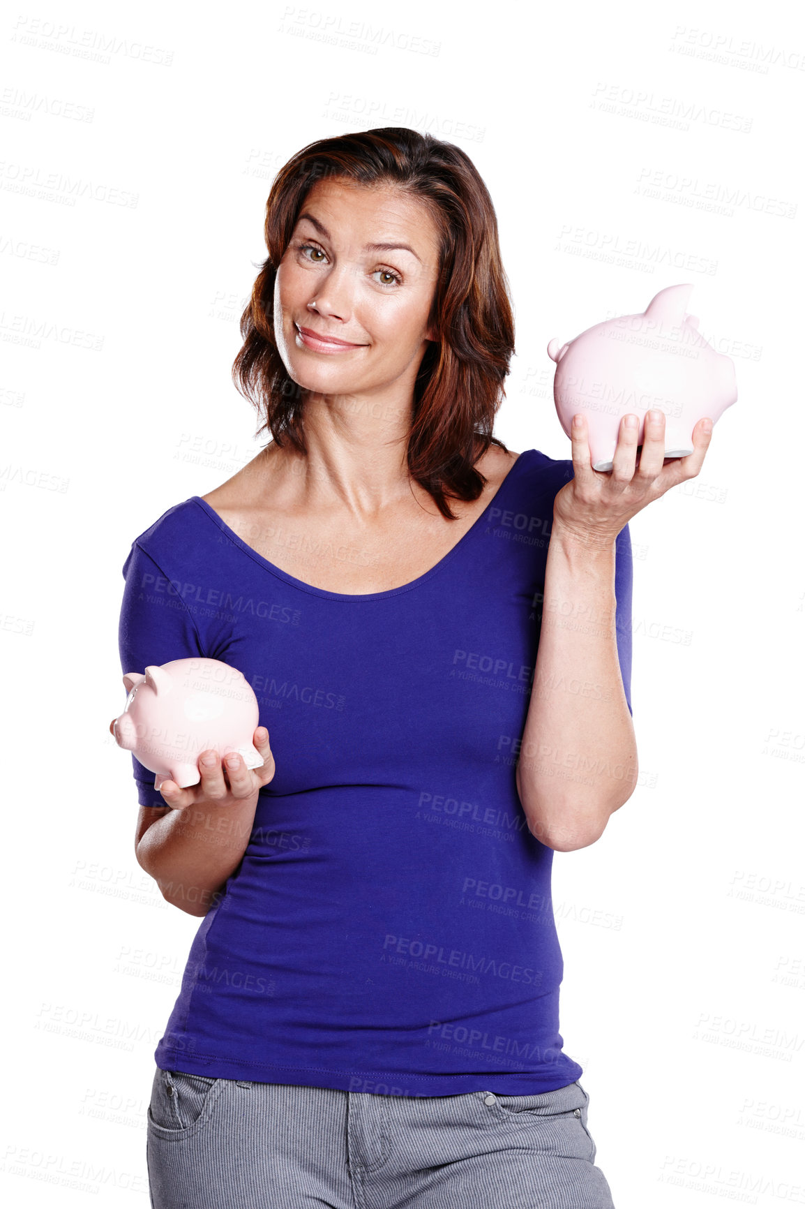 Buy stock photo Portrait, woman and piggy bank for savings in studio with future investment, money and finance. Female person, profit and idea for purchase by white background for credit, security and budget