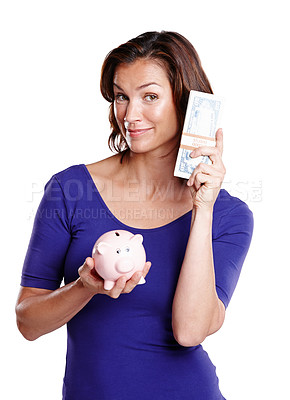 Buy stock photo Portrait, woman and piggy bank with cash savings in studio for future investment, money and finance. Female person, profit and dollars for payment by white background for credit, security and budget