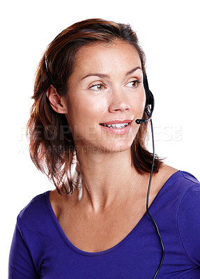 Buy stock photo Happy woman, thinking and microphone for communication in call center for telemarketing. Contact, administrator and financial consultant for customer service and networking by white background