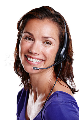 Buy stock photo Studio portrait of a woman in her mid-30's wearing a headset and smiling widely at the camera