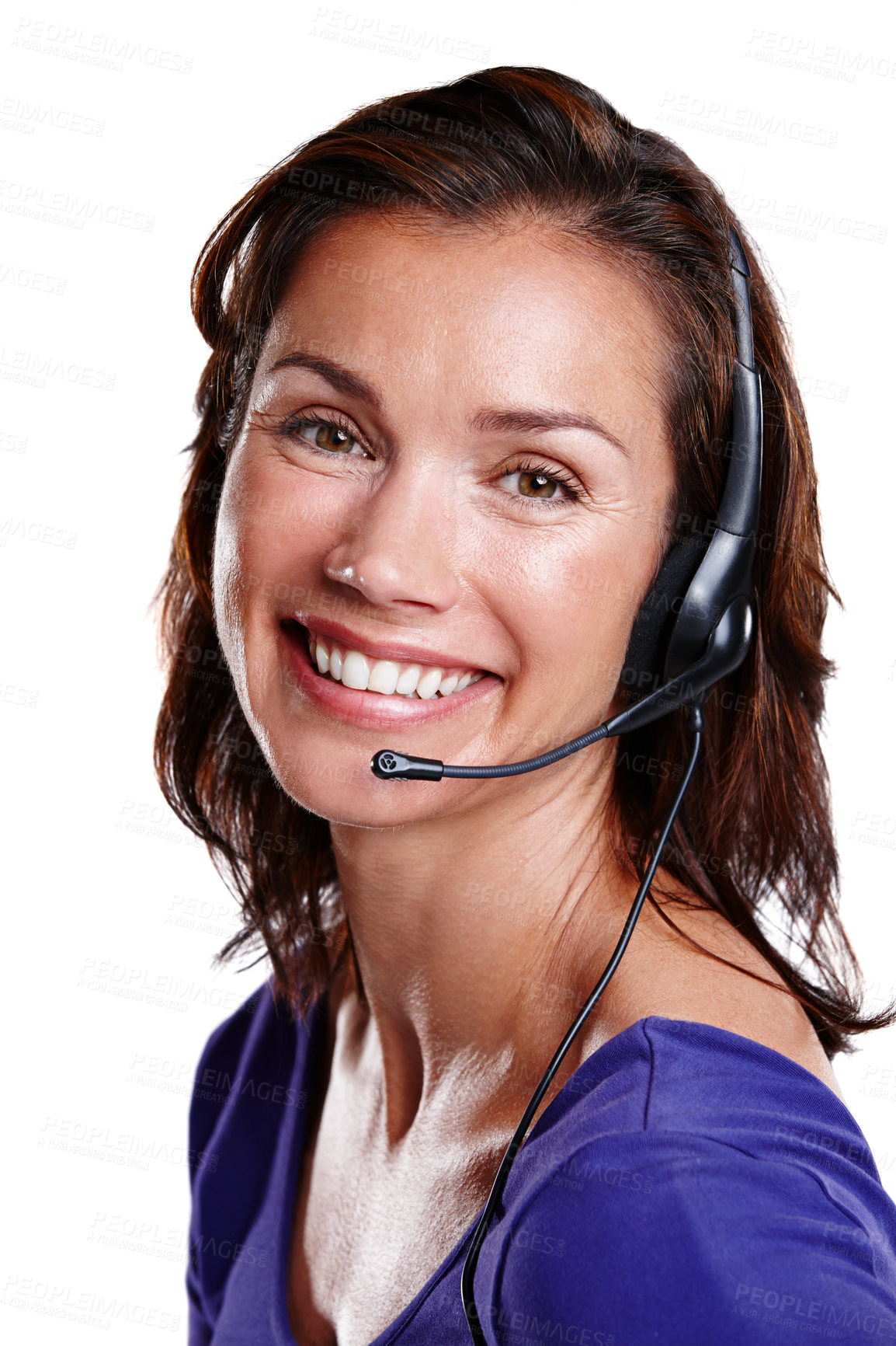 Buy stock photo Studio portrait of a woman in her mid-30's wearing a headset and smiling widely at the camera