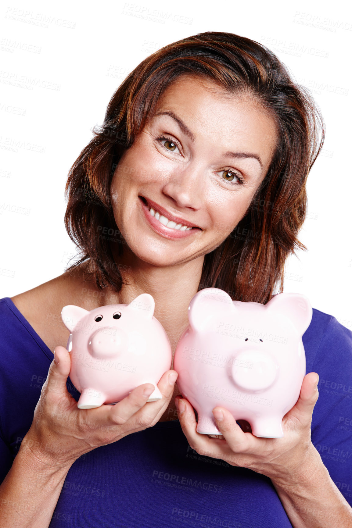 Buy stock photo Portrait, happy woman and piggy bank for savings in studio with future investment, money and finance. Female person, profit and smile for purchase by white background for economy, security and budget